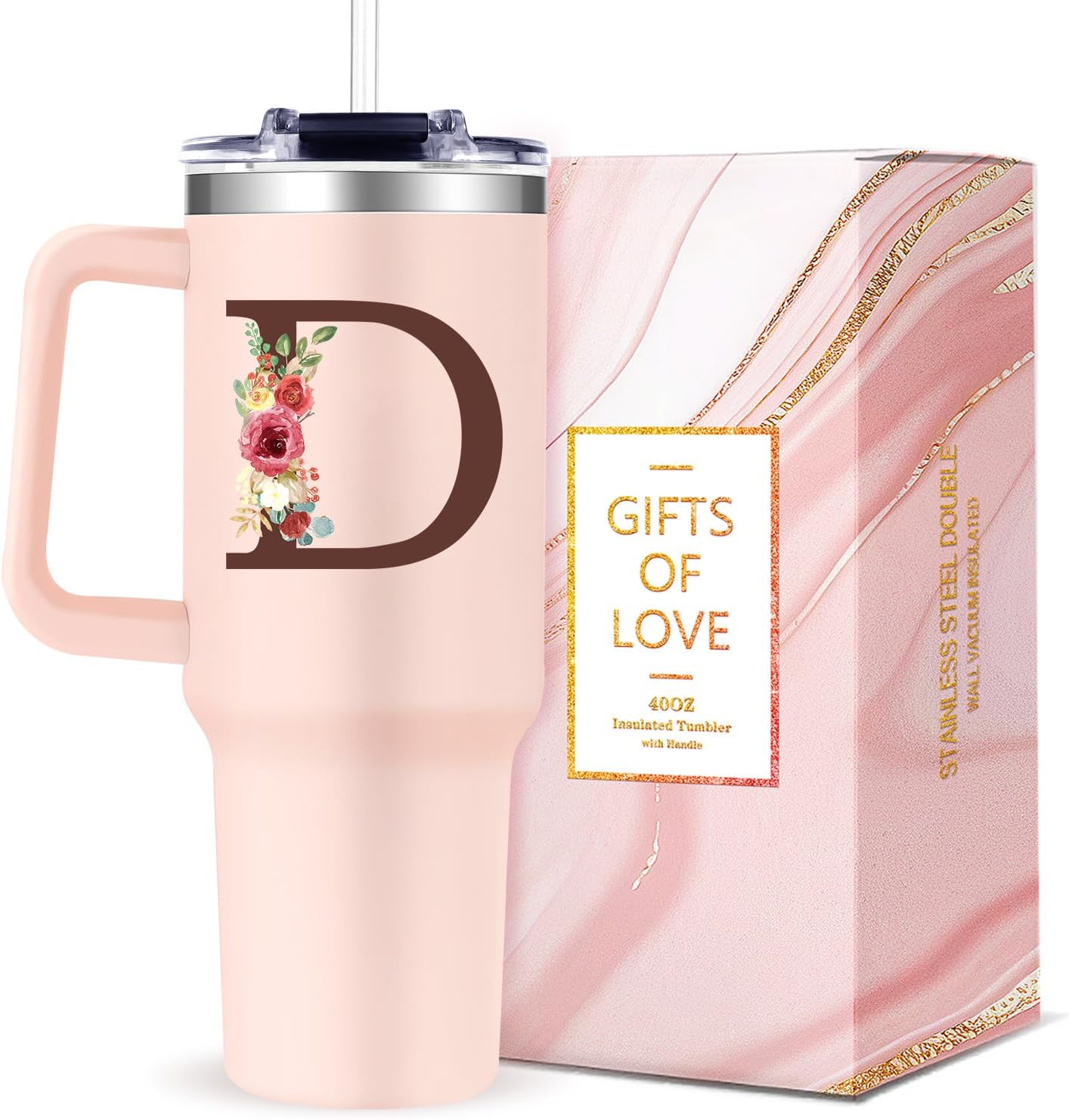 Monogrammed 40oz Tumbler with Handle for Women, Personalized Birthday Gifts for Women,Initial Cups for Woman Floral Letter D,Customized Gifts for Female Lady Gift for Mothers Day Christmas