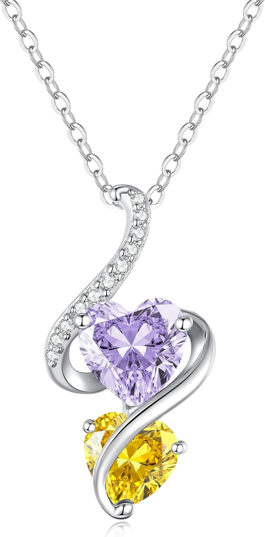 LOUISA SECRET Unique Double Heart Necklace Gifts for Wife Women, 925 Sterling Silver Tiny Birthstone Pendant Jewelry Gift for Her Girlfriend Mom Valentine's Day Anniversary Mother's Day Birthdays & Christmas