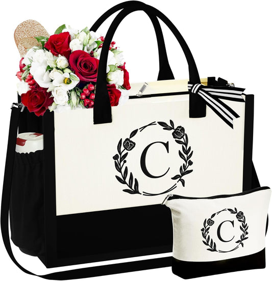 YOOLIFE Gifts for Women - Initial Canvas Tote Bag Makeup Bag, Personalized Gifts for Women Mom Wife Teacher Friend Birthday