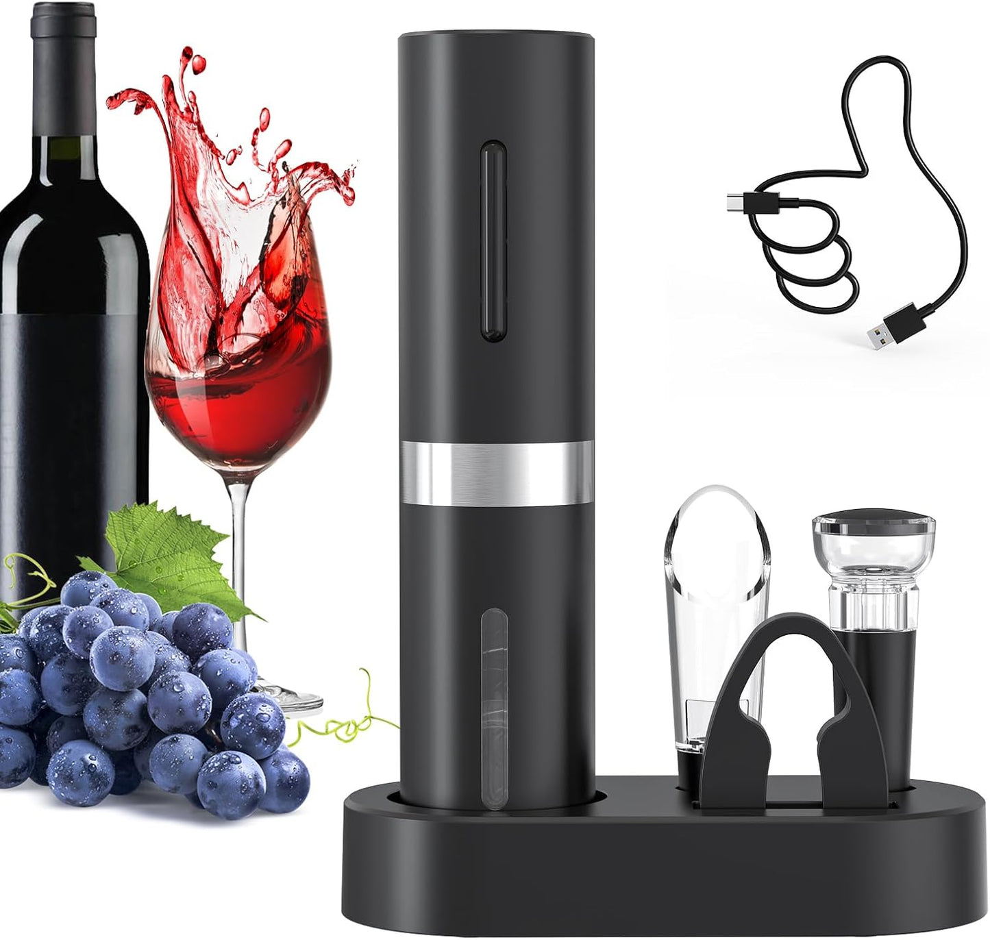 CIRCLE JOY Electric Wine Bottle Opener Set - Rechargeable Cordless Wine Corkscrew with Charging Base, Foil Cutter, Aerator Pourer and Stopper