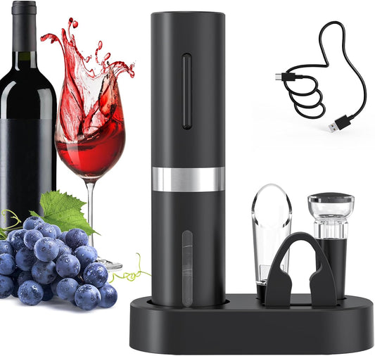CIRCLE JOY Electric Wine Bottle Opener Set - Rechargeable Cordless Wine Corkscrew with Charging Base, Foil Cutter, Aerator Pourer and Stopper