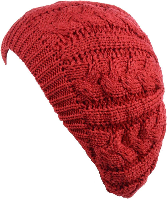 BYOS Womens Winter Cozy Cable Fleece Lined Knit Beret Beanie Hat (Set Available)
