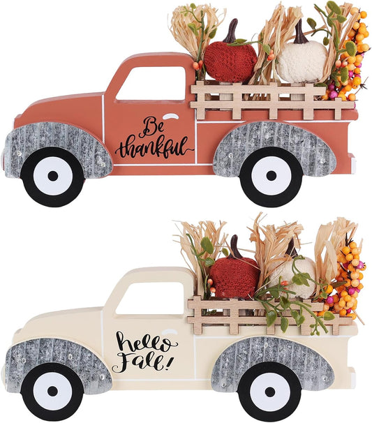 NEEDOMO Fall Decorations for Home, Large Size 2 Pack Wood Truck with Pumpkin Fall Decor, Decorative Wooden Truck Set for Room, Table, Tiered Tray, Mantel, Thanksgiving Decorations