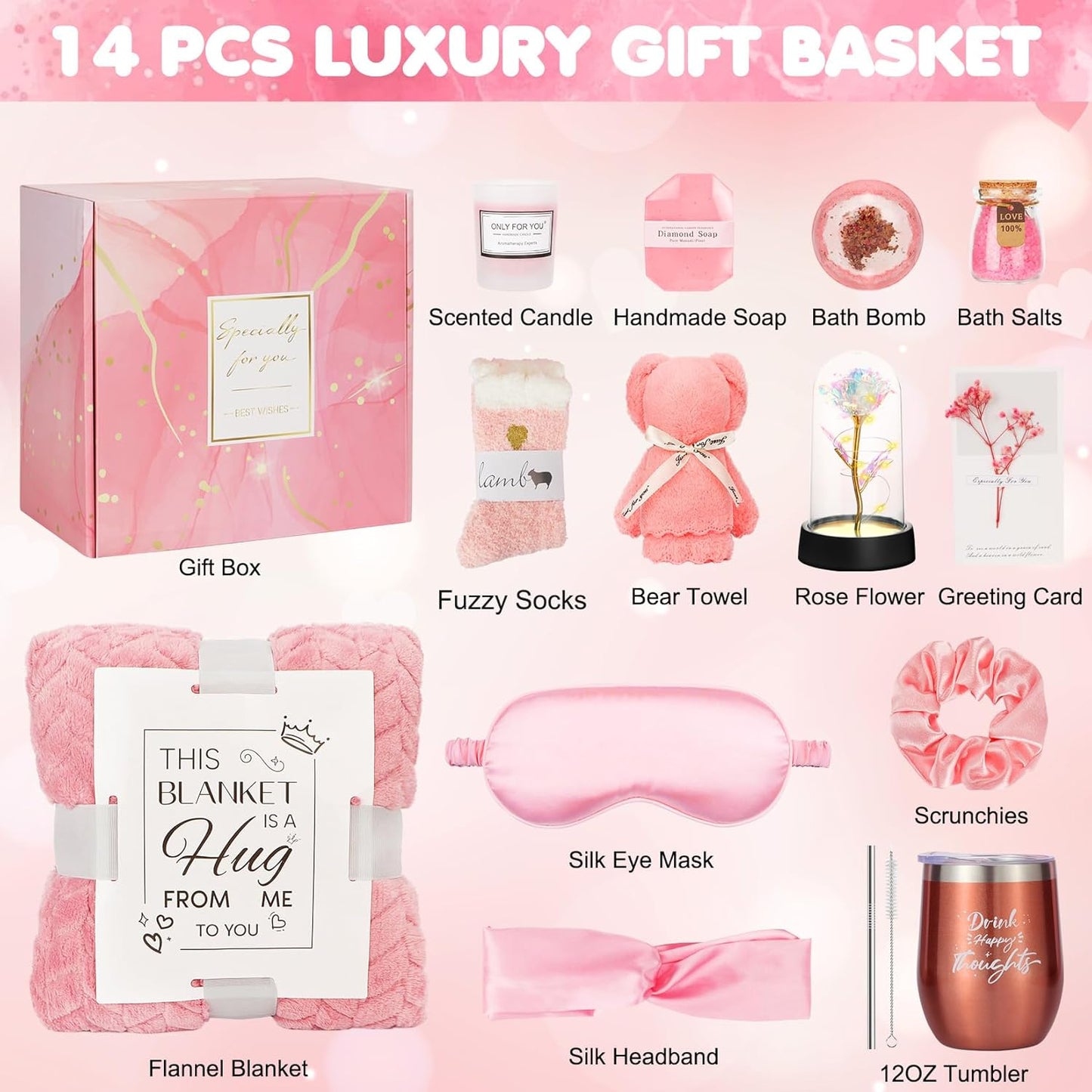 Birthday and Get Well Gifts for Women - Relaxing Spa Care Package With Luxury Flannel Blanket, Light-Up Rose Flower - Unique Self Care Gift Basket for Mom, Wife, Friends