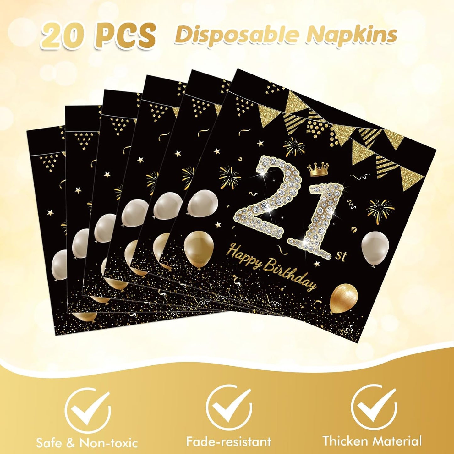 41Pcs 21st Birthday Decorations for Boy Girls, Black Gold 21 Year Old Happpy Birthday Girl Decorations include Plates Napkins Tablecloth for Official Teenager 21st Birth Party