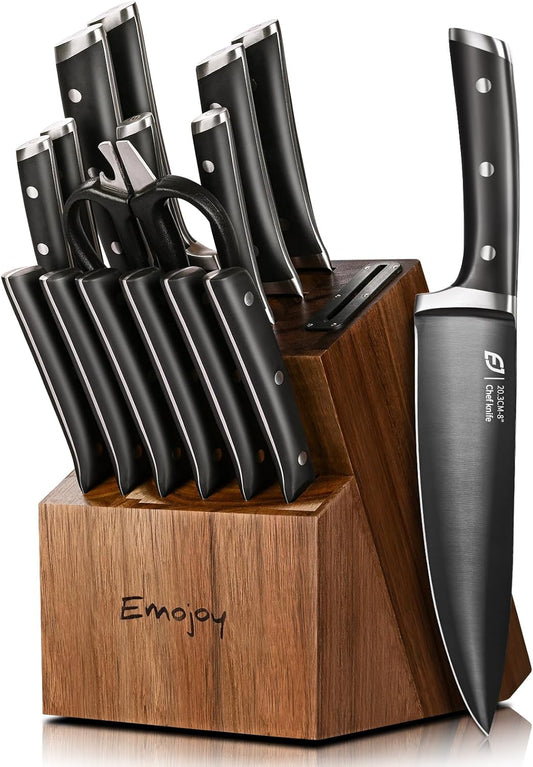 Knife Set, Emojoy 17-Piece Kitchen Knife Set with Heavy-Duty Acacia Block, Premium Titanium Stainless Steel Knife Block Set with Built-in Sharpener, Rust Proof