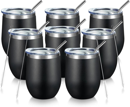 COMOOO 12oz Stainless Steel Drinking Cup - Bulk with Lid and Straw, Double Wall Vacuum Insulated, for Hot and Cold Drinks, Coffee, Cocktails, Black, 8 Pack