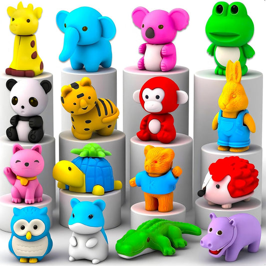 16 Pack Animal 3D Erasers Desk Pets for Kids Pencil Erasers Bulk Gifts for Classroom Prizes,Game Reward,Treasure Box,Goodie Bag Stuffers,Pinata Filler,Party Favors,Puzzle Mini Toys School Supplies