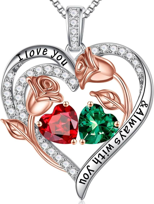 Iefil Birthstone Necklace for Women - 925 Sterling Silver Rose Heart Birthstone Necklace Birthday Anniversary Jewelry Gifts for Her Wife Mom Daughter