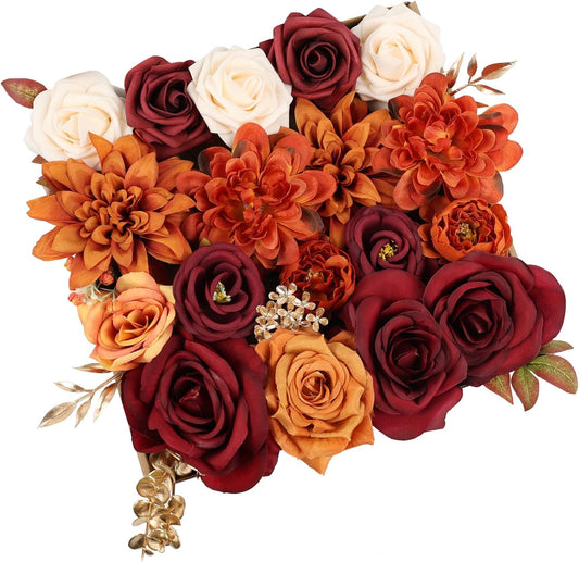 DEEMEI Artificial Flowers Combo Box Set Red Rose Silk Mix Orange Dahlia Peony Flowers with Stems for DIY Bridal Wedding Bouquets Centerpieces Baby Shower Party Home Decorations