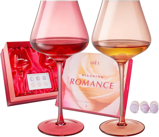 Khen Romance Red & Pink Crystal Wine Glasses | Set of 2 | Italian Style Tall Stemmed 24 oz Glasses, Love Gifts, Birthday, Anniversary, Heart Drinkware, Gift for Her
