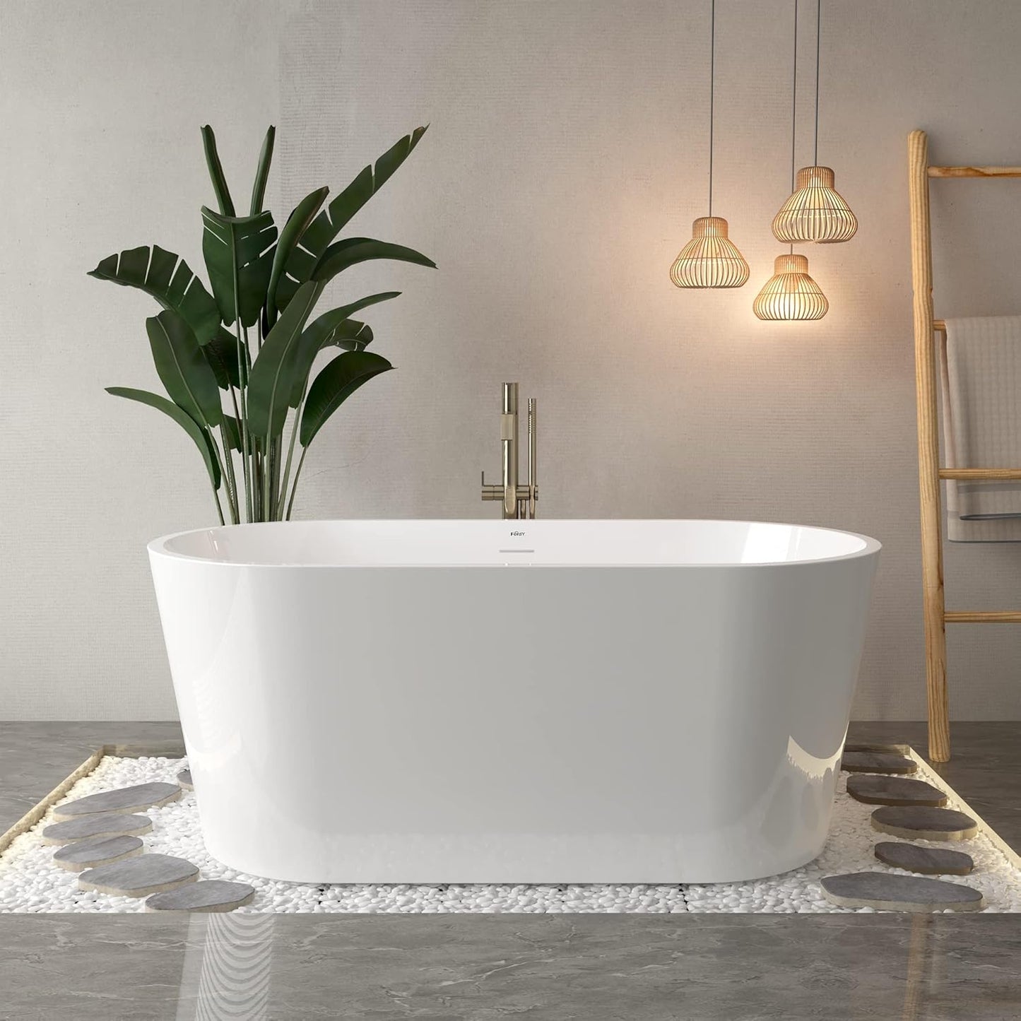 FerdY Luzon 55" Acrylic Freestanding Bathtub, Ergonomic Lightweight Classic Oval Soaking Bathtub with Brushed Nickel Drain, Minimalist Linear Design Overflow, Modern White
