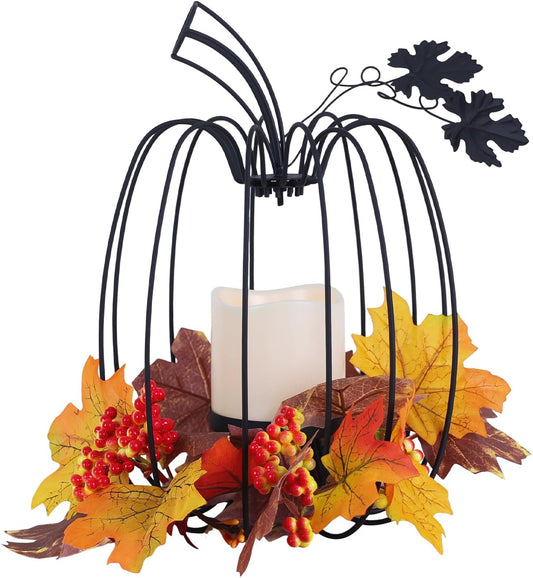 NEEDOMO Fall Lanterns Decorative for Home,Pumpkin Candle Holder, Black Wrought Iron Pumpkin Shape Tealight Candle Holder for Vintage Wedding Autumn Thanksgiving Halloween Decor