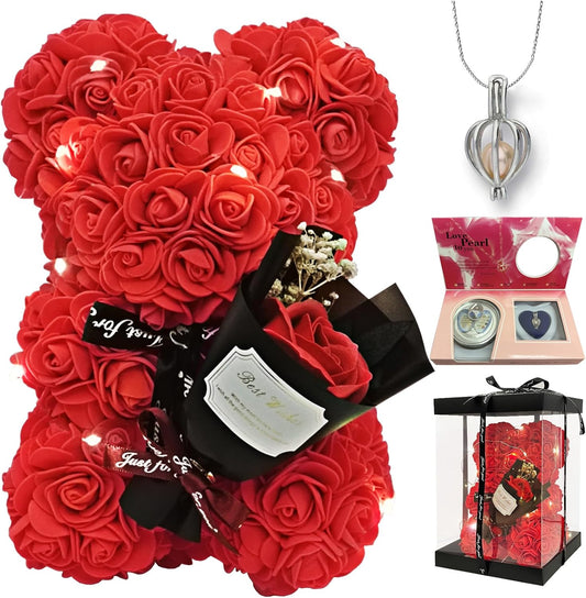 Mothers' Day Gift For Mom Grandma Red Rose Flower Teddy Bear Blind Box Pearl Necklace For Valentine’s day Birthday Holiday Gifts For Her, Wife Girlfriend Women Gift Wedding Anniversary Home Decor