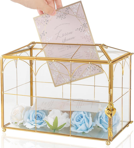 Glass Wedding Card Box with Slot - 10.2" Large Gold Gift Storage Box with Lock for Reception, Bridal Shower, Baby Shower, Birthday Party