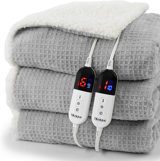 Heated Blanket Electric Blanket King Waffle,90x100 Inches Sherpa Fleece Fast Heating Blanket 6 Heating Levels & 10 Hours Auto Off ETL Certification,Light Grey King