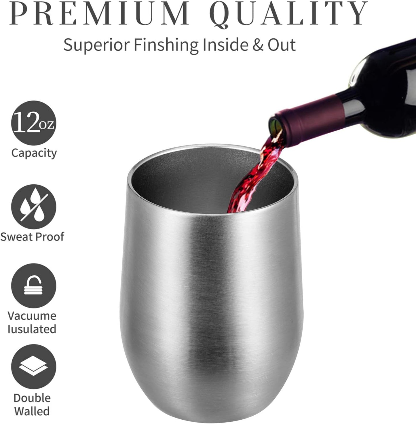 MEWAY 12oz/12 Pack Wine Tumbler Glasses with Lid -Double Wall Vacuum Stainless Steel Travel Tumbler Mug,Stemless Insulated Wine Cup for,Coffee,Cocktails,Gifts (Silver,Set of 12)