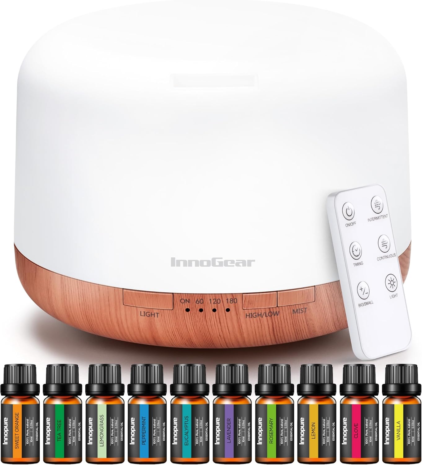 InnoGear Aromatherapy Diffuser & 10 Essential Oils Set, 500ml Essential Oil Diffuser with Remote Control Ultrasonic Cool Mist Scent Humidifier Vaporizer Auto-Off Timer for Room Office Home, Yellow