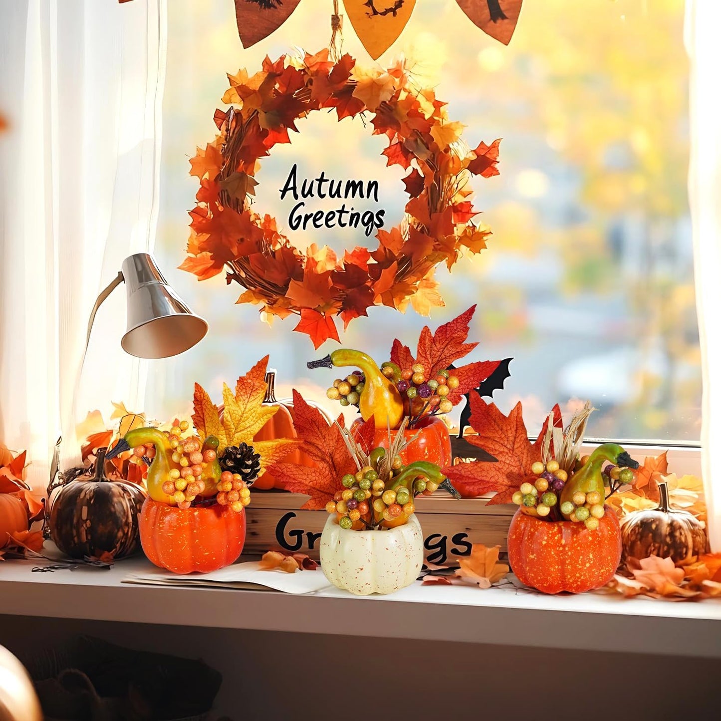 Artmag Set of 6 Artificial Pumpkins Decorations, Decorative Orange Pumpkin with Maple Berry Acorn Pine Cone Vegetables for Fall Thanksgiving Harvest Party Decoration