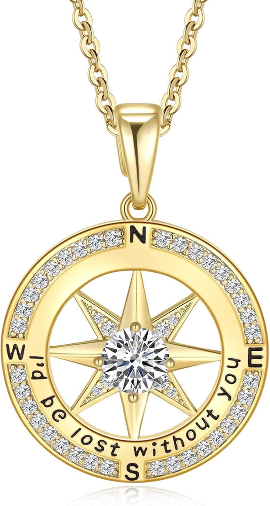 Mkhhy Compass Necklace for Women Jewelry For Her White Gold and Yellow Gold I'd Be Lost Without You(18k Real Gold Filled With S925)