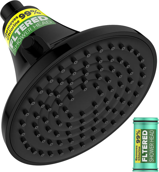 Filtered Shower Head Matte Black - High Pressure Rain Shower Heads with Filter for Hard Water -Water Softener Filters Beads to Remove Chlorine, 1-Min Install, One-Button Filter Replacement