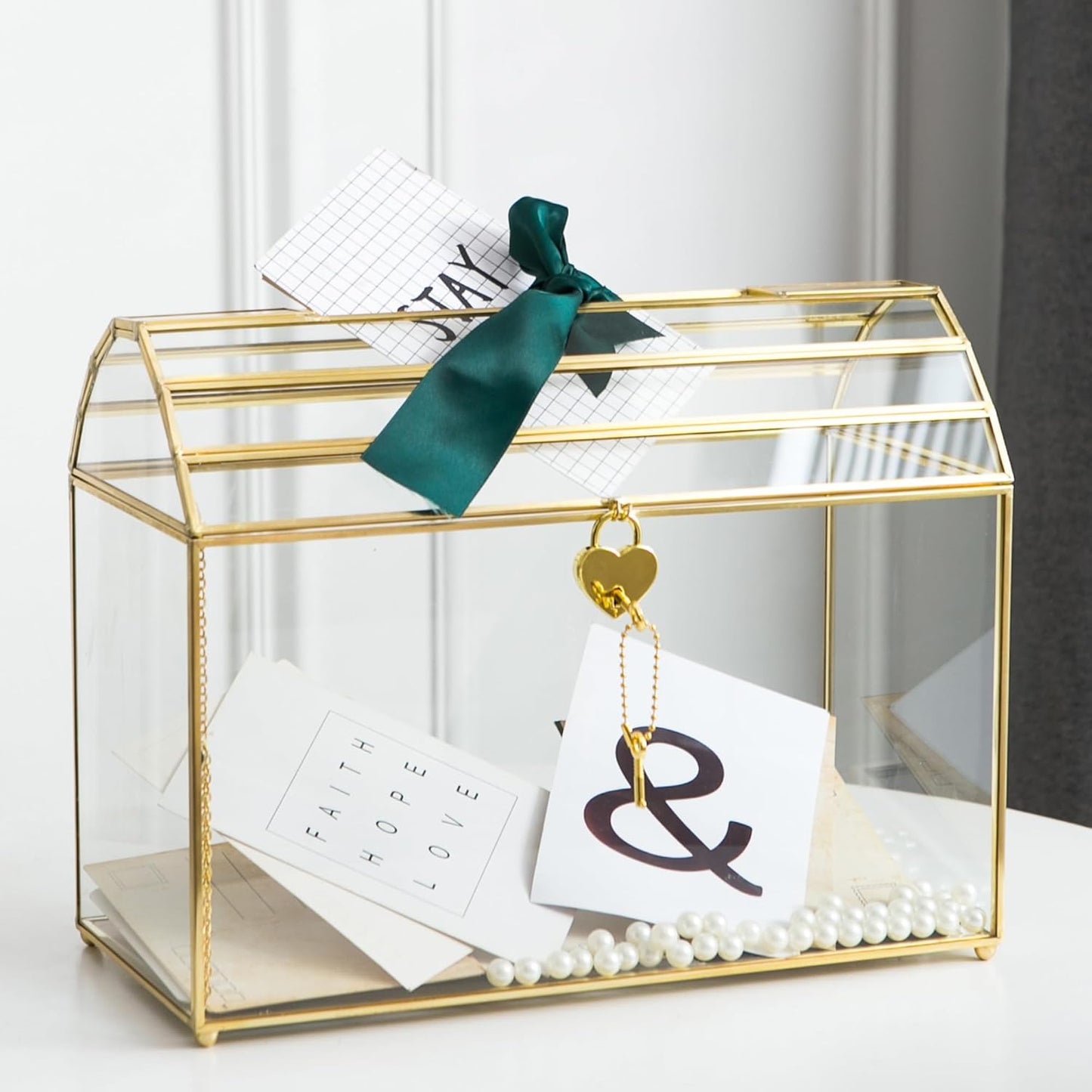 Wedding Card Box with Slot, 12.2'' Large Glass Card Boxes for Reception, Gold Card Holder, Clear Decorative Storage Box with Lock for Baby Shower, Birthday Party, Christmas, Bridal Shower