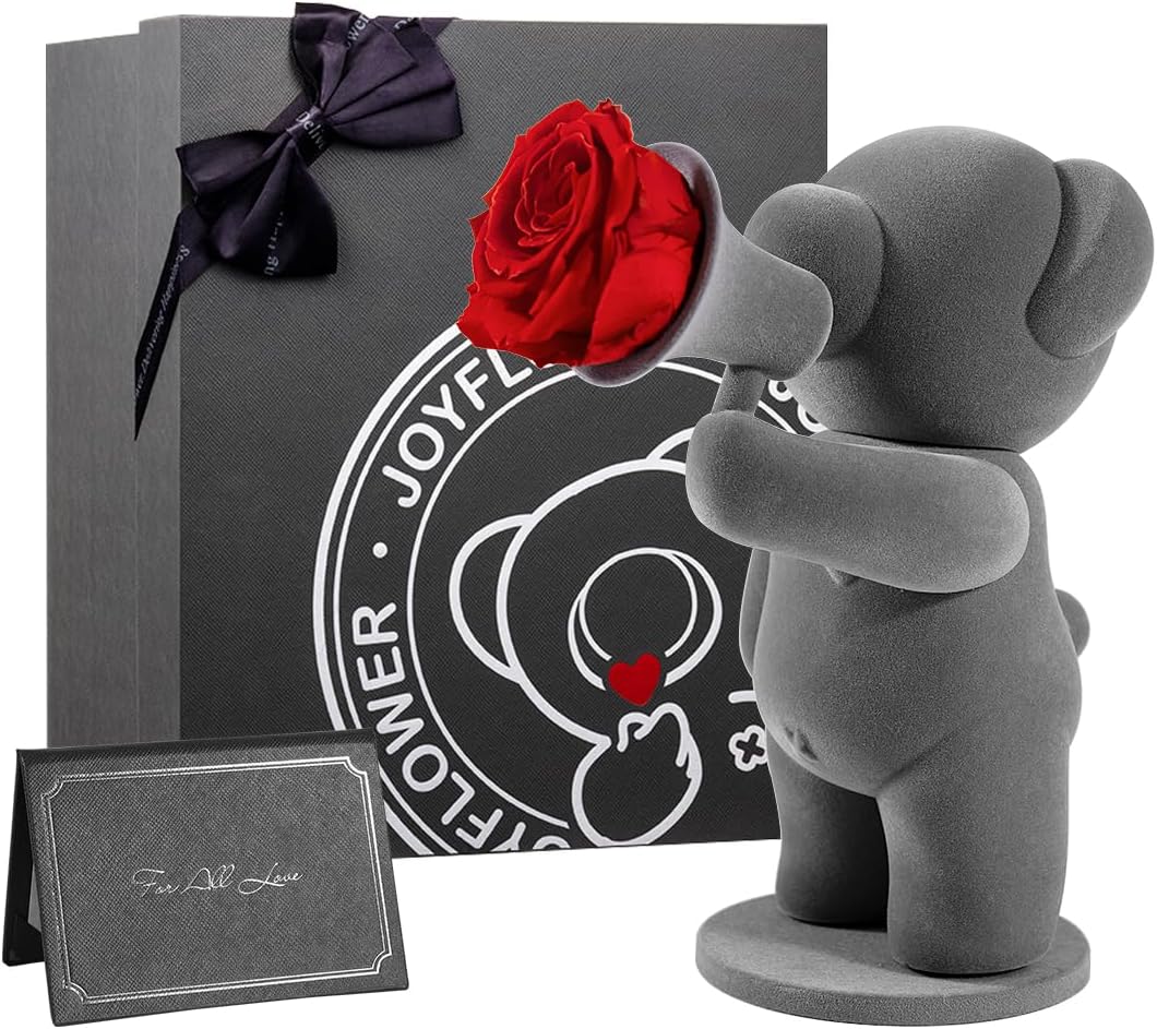 JoyFlower Preserved Flowers with Cute Teddy Bear, Eternal Real Rose Romantic Gift, Red Rose Bear with Gift Box for Girlfriend Wife Her in Valentine's Day, Birthday, Christmas, Weddings, Anniversaries