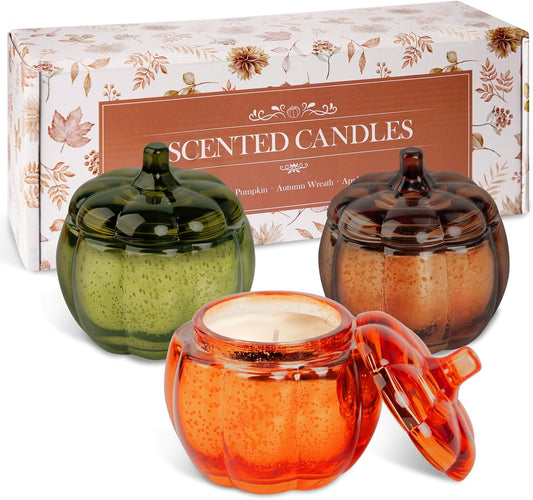 Lanpn Fall Scented Candles Gift Set 3 Pack, 16.5oz Pumpkin Glass Jar Candle, Thanksgiving Aromatherapy Soy Wax Candles for Woman Man, Autumn Fragrance Table Farmhouse Decoration, Tabletop Centerpiece