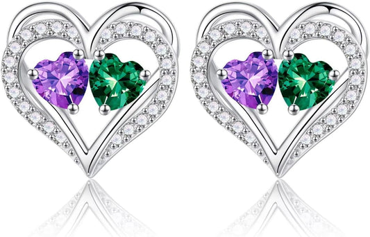 Iefil Birthstone Earrings for Women - 925 Sterling Silver Heart Earrings Anniversary Birthday Gifts for Women Wife Girlfriend Mom