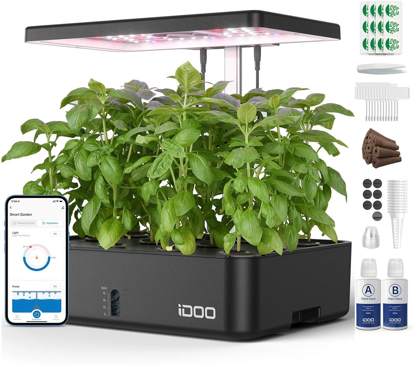 iDOO Hydroponics Growing System Kit 12Pods, Christmas Gifts for Women Mom, Herb Garden Indoor with LED Grow Light for Home, Built-in Fan, Auto-Timer, Adjustable Height Up to 11.3", 12Pods WiFi-Black