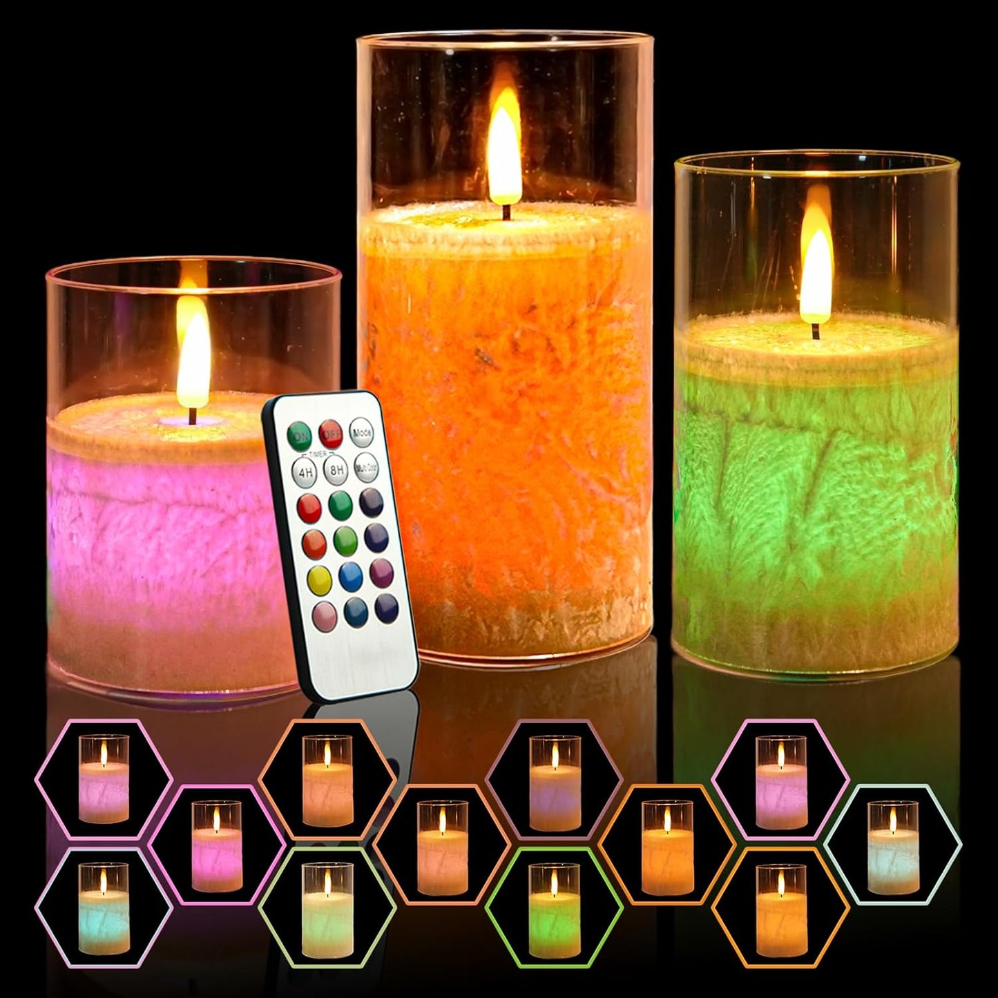 NICEME 3PCS LED Multi Colored Flameless Candles Acrylic Pillar Battery Operated Flickering Flame Color Changing Candles with Remote Control Real Wax Electric Fake Candles Ice Crystal, D3” x H4” 5" 6"