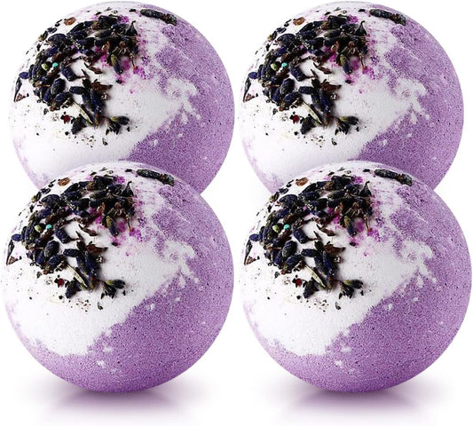 Dried Flower Bath Bombs Salt Balls,4-Pack Gift Set,Lavender Extract Essential Oils,Moisturizing Dry Skin,Fizzy Spa,Relaxation,Self Care,Relaxing,Bubble Bath Bomb Gifts Idea for Men Women