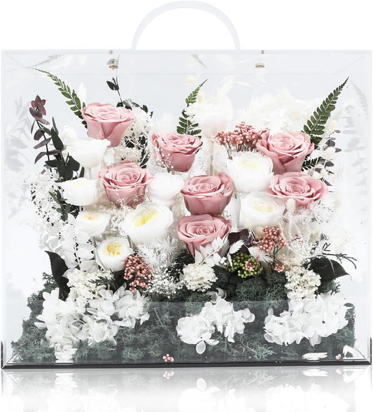 COSMICN Preserved Roses in Acrylic Box with Handle - 13.8in Long-Lasting Flower Gift Set with Felt Bag, Envelope & Stationery for Home Decor, Weddings, Birthdays, Anniversaries, and Special Occasions