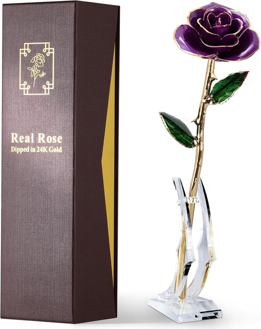 24K Gold Dipped Real Rose – Handcrafted, One of a Kind Gift – Timeless Romantic Present for Birthday, Valentine’s, Mother’s Day, Anniversary (Purple)
