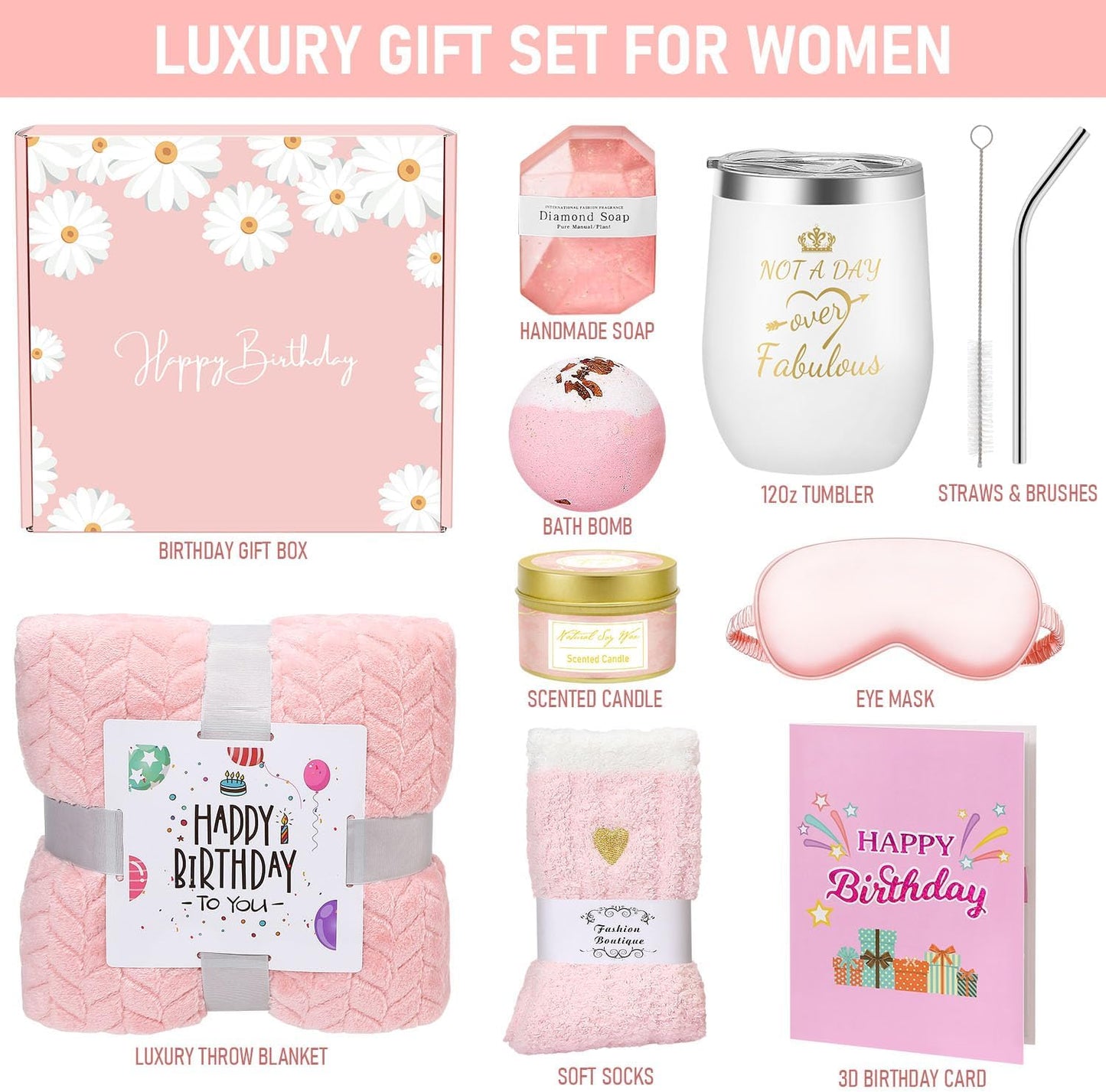 Birthday Gifts for Women Friendship, Happy Birthday Gifts Basket for Mom Friend Sister Wife Her Birthday Gift Unique, Luxury Self Care Gift Rose Relaxing Spa Gifts Set with 3D Birthday Card for Women