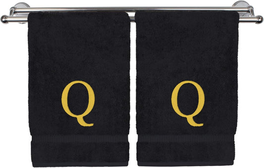 Monogrammed Hand Towel, Personalized Gift, Set of 2- Gold Block Letter Embroidered Towel - Extra Absorbent 100% Turkish Cotton - Soft Terry Finish - Initial Q Black