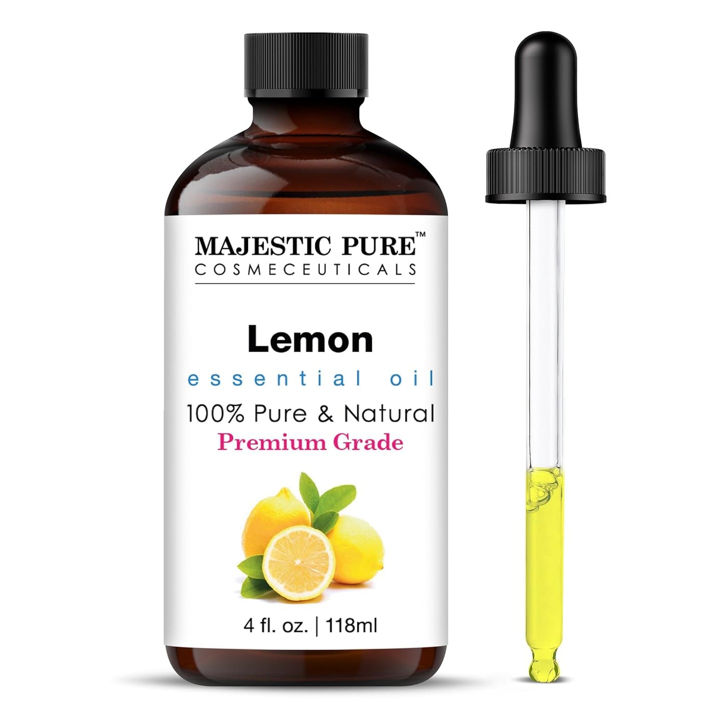 Majestic Pure Lemon Essential Oil with Glass Dropper - Huge 4 Fl Oz - 100% Pure and Natural Lemon Oil - Premium Grade Essential Oils for Diffuser, Aromatherapy, Soap and Candle Making