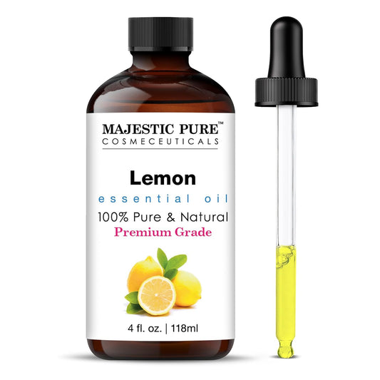 Majestic Pure Lemon Essential Oil with Glass Dropper - Huge 4 Fl Oz - 100% Pure and Natural Lemon Oil - Premium Grade Essential Oils for Diffuser, Aromatherapy, Soap and Candle Making