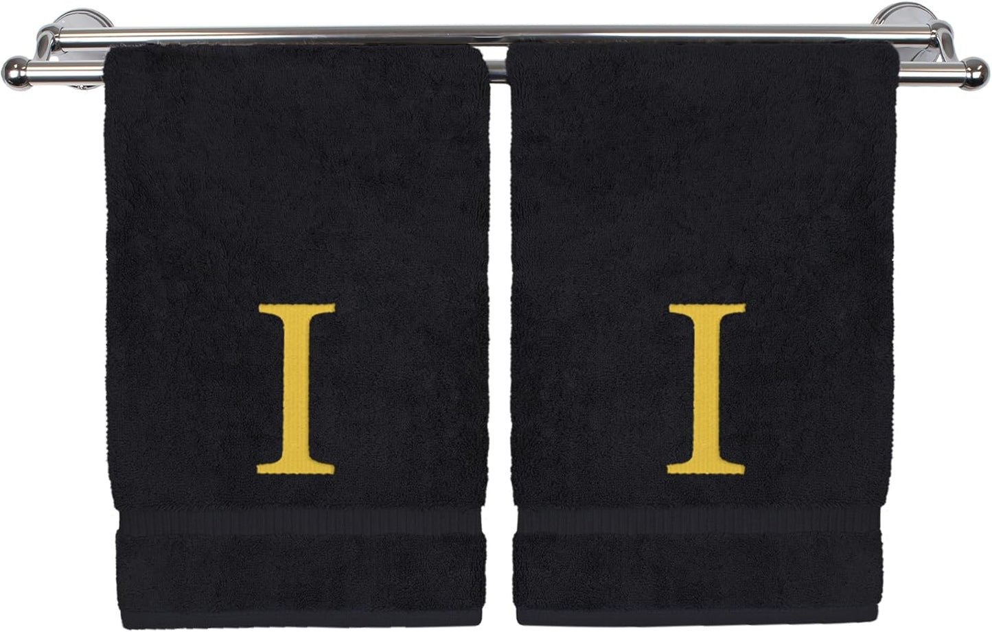 Monogrammed Hand Towel, Personalized Gift, Set of 2- Gold Block Letter Embroidered Towel - Extra Absorbent 100% Turkish Cotton - Soft Terry Finish - Initial I Black