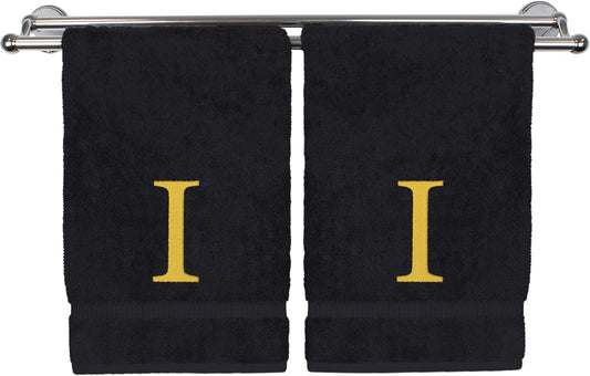 Monogrammed Hand Towel, Personalized Gift, Set of 2- Gold Block Letter Embroidered Towel - Extra Absorbent 100% Turkish Cotton - Soft Terry Finish - Initial I Black