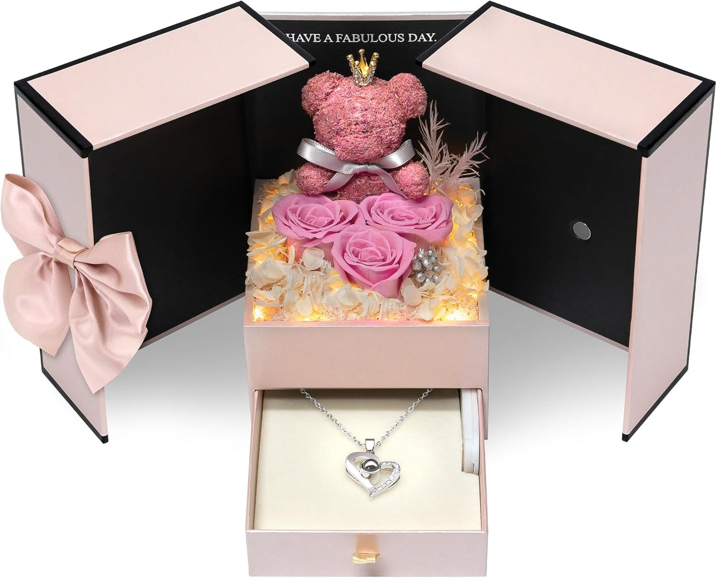 Childom Preserved Birthday Gifts for Women,Christmas Rose Gifts For Her Women Mom,3 Pcs Pink Preserved Flowers for Her,Light Up Real Rose Flower with Necklace Bear for Christmas,Anniversary,Valentines