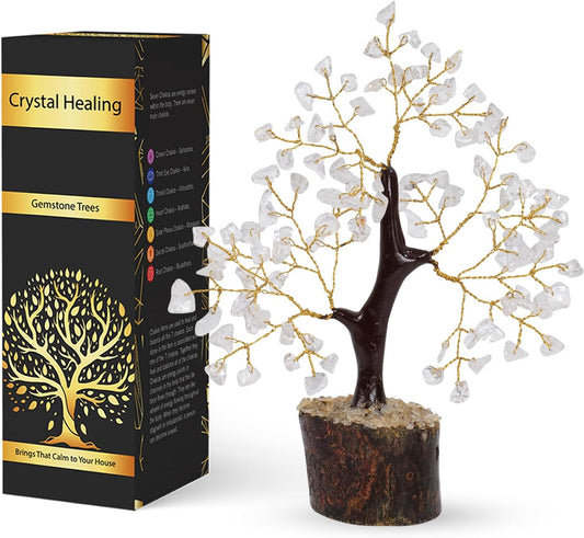 NARIBABU Clear Quartz Crystal Tree (7–8 Inch, 100 Chips) – Handmade Gemstone Bonsai for Clarity & Decor – Birthday Gifts for Women, Gift for Her, Spiritual Gift, Office Desk Decor