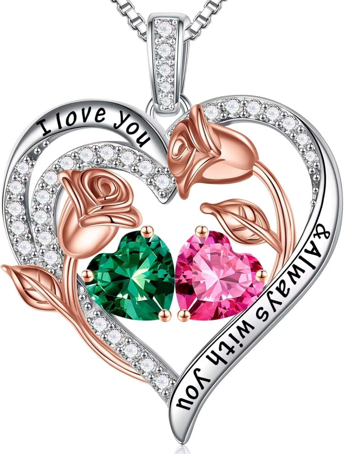 Iefil Birthstone Necklace for Women - 925 Sterling Silver Rose Heart Birthstone Necklace Birthday Anniversary Jewelry Gifts for Her Wife Mom Daughter