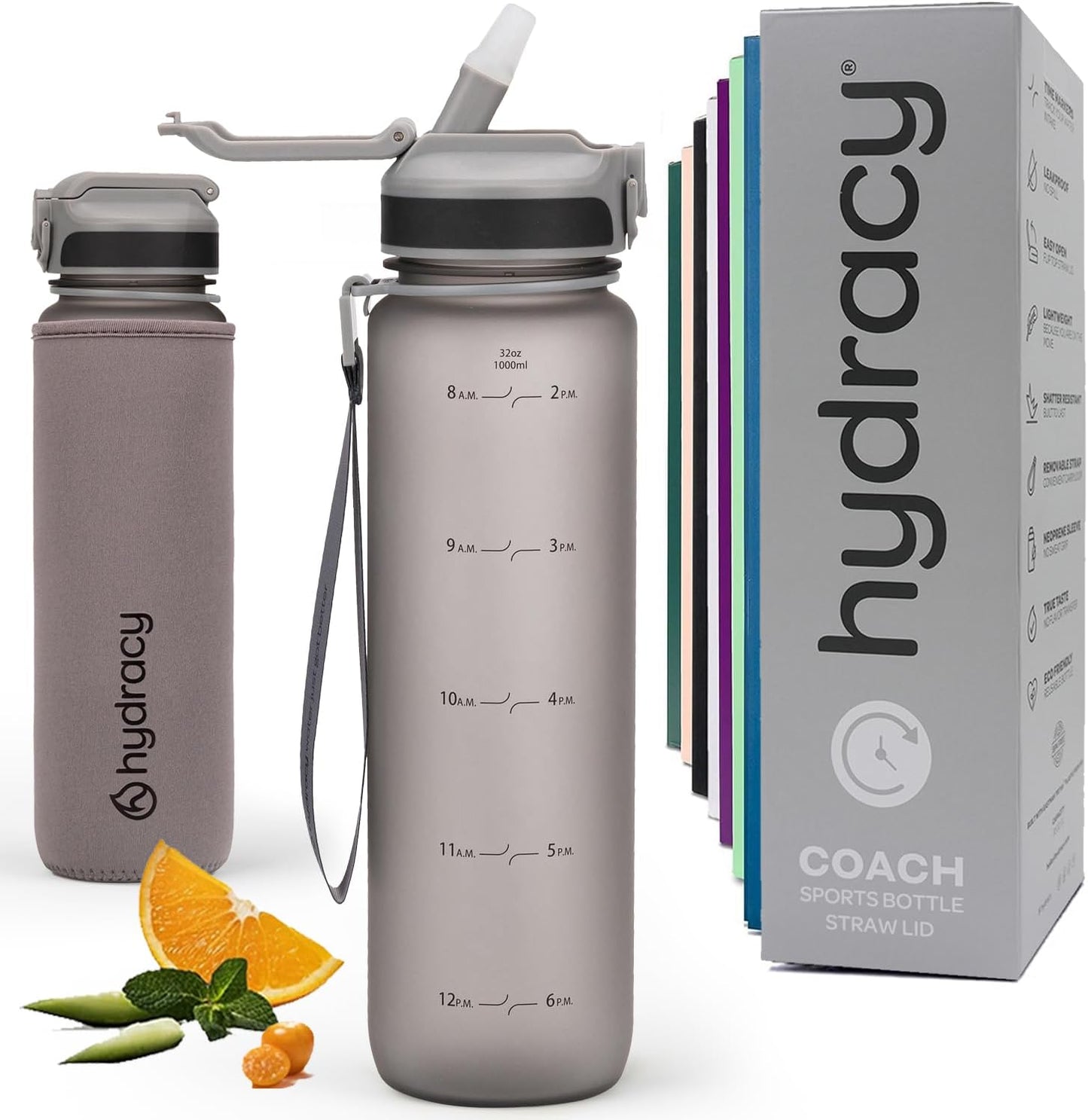 Hydracy Water Bottle with Time Marker -Large BPA Free Water Bottle & No Sweat Sleeve -Leak Proof Gym Bottle with Fruit Infuser Strainer & Times to Drink -Ideal for Fitness Sports & Outdoors