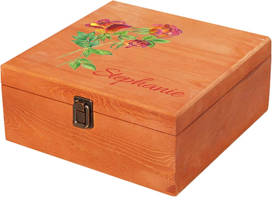 Personalized Wooden Keepsake Memory Box with Birth Flower & Name, Custom Wood Decorative Storage Box with Lids Customized Christmas Gift Box for Women Teen Girls Mom Birthday Gifts