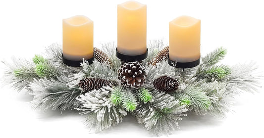 BAYN Christmas Centerpiece Table Decorations, Handcrafted Snowy Pine Cones and Pine Needles with 3 Candle Holders for Dining Table Fireplace Mantel - 27.5 in
