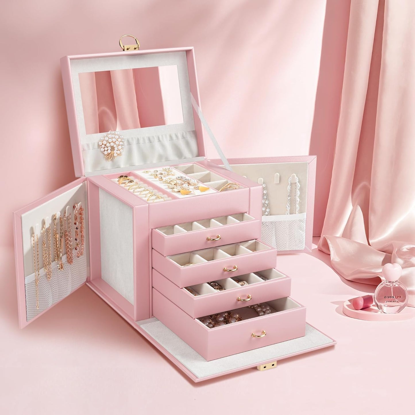 5-Layer Jewelry Box with 4 Drawers, Huge Portable Jewelry Organizer with Lock and Mirror for Women, for Necklace Ring Earring Bracelet Storage, Lockable Jewelry Case, Pink