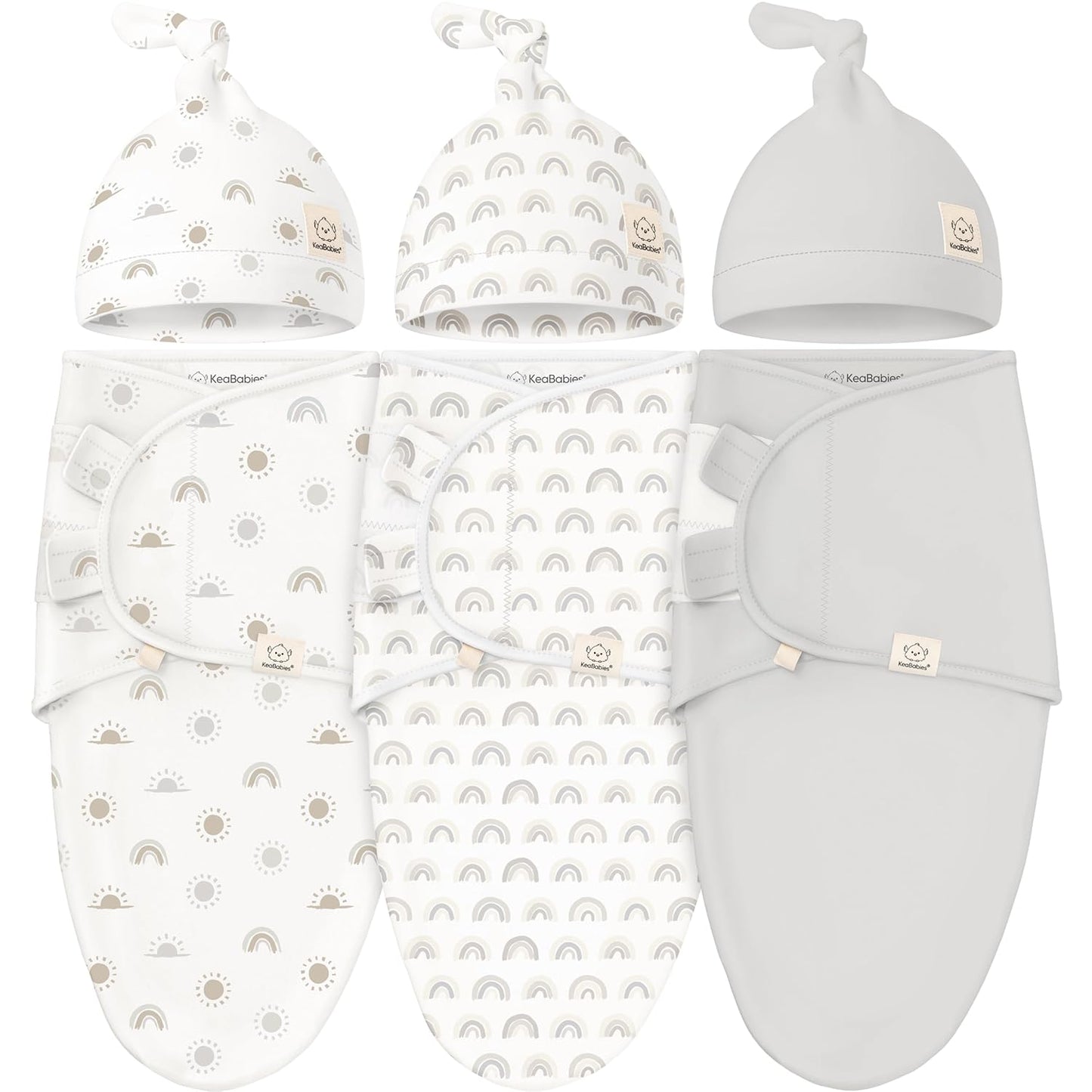 KeaBabies 3-Pack Swaddles for Newborns, Girls, Boys with Hats - Organic Soft Baby Sleep Sacks, Breathable Baby Swaddle 3-6 Months Beanies Set, Premie Infant Sleep Sack 0-3 Months (Shifts)