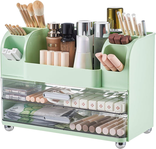 Makeup Organizer for Vanity with 2 Large Drawers, Cosmetic Display Case with Brush Holders, Easy to Storage for Bathroom Countertop Skincare, Desk Office Supplies, Green