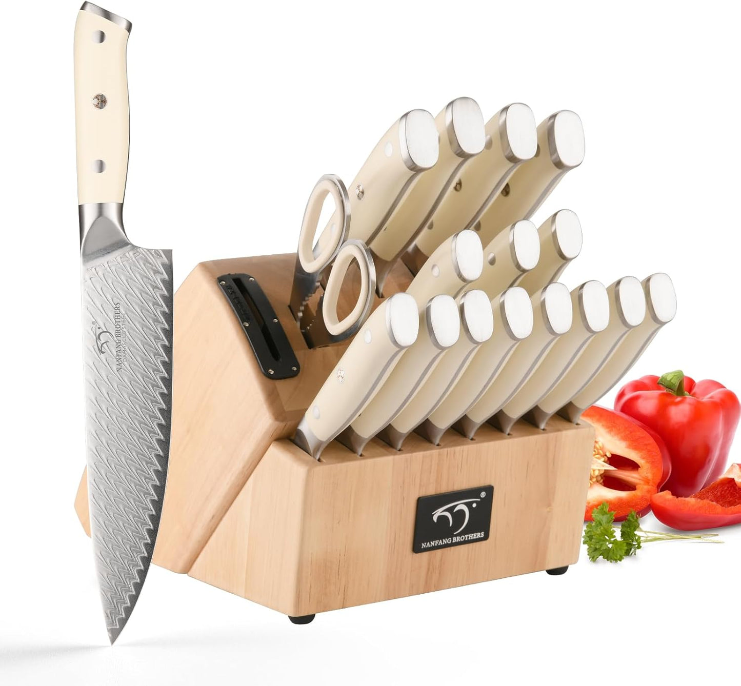 NANFANG BROTHERS Knife Set, 19-Piece Damascus Kitchen Knife Set with Block, ABS Ergonomic Handle for Chef Knife Set, Knife Sharpener and Kitchen Shears, Knife Block Set